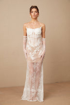 Mila çiçek işlemeli tül korsajlı maxi elbise