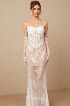 Mila çiçek işlemeli tül korsajlı maxi elbise