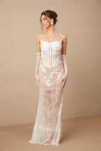 Mila çiçek işlemeli tül korsajlı maxi elbise