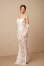 Mila çiçek işlemeli tül korsajlı maxi elbise