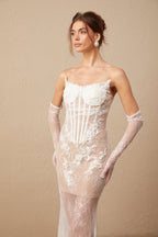 Mila çiçek işlemeli tül korsajlı maxi elbise