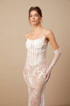 Mila çiçek işlemeli tül korsajlı maxi elbise