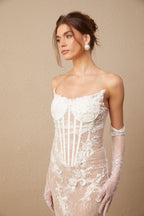 Mila çiçek işlemeli tül korsajlı maxi elbise