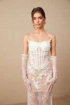 Mila çiçek işlemeli tül korsajlı maxi elbise