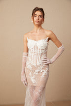 Mila çiçek işlemeli tül korsajlı maxi elbise