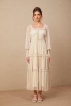 Camille Pileli ve Büzgülü Metalik Midi Elbise