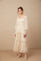 Camille Pileli ve Büzgülü Metalik Midi Elbise