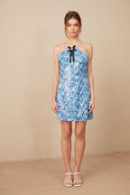 Victoire Mavi Halter Yaka Payetli Mini Elbise