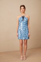 Victoire Mavi Halter Yaka Payetli Mini Elbise