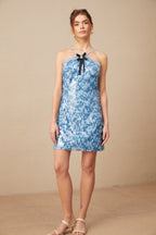 Victoire Mavi Halter Yaka Payetli Mini Elbise