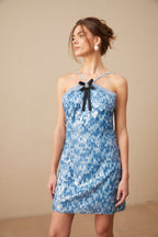 Victoire Mavi Halter Yaka Payetli Mini Elbise