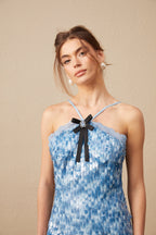 Victoire Mavi Halter Yaka Payetli Mini Elbise