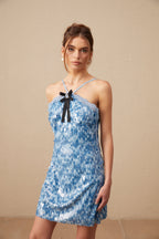 Victoire Mavi Halter Yaka Payetli Mini Elbise