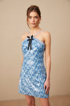 Victoire Mavi Halter Yaka Payetli Mini Elbise