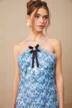 Victoire Mavi Halter Yaka Payetli Mini Elbise