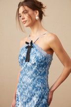 Victoire Mavi Halter Yaka Payetli Mini Elbise