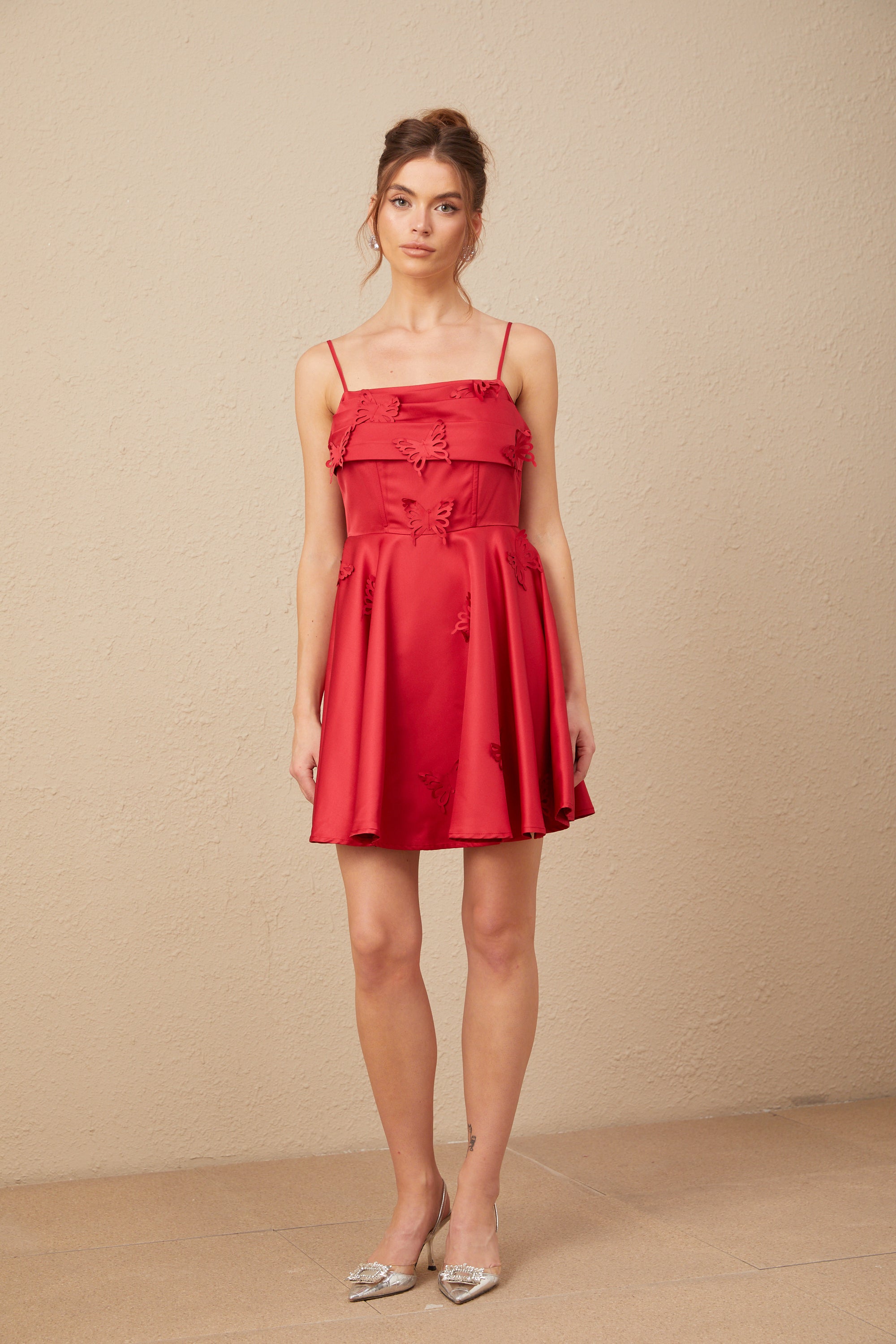 Fleur Kırmızı Kelebek Desenli Fırfırlı Mini Elbise