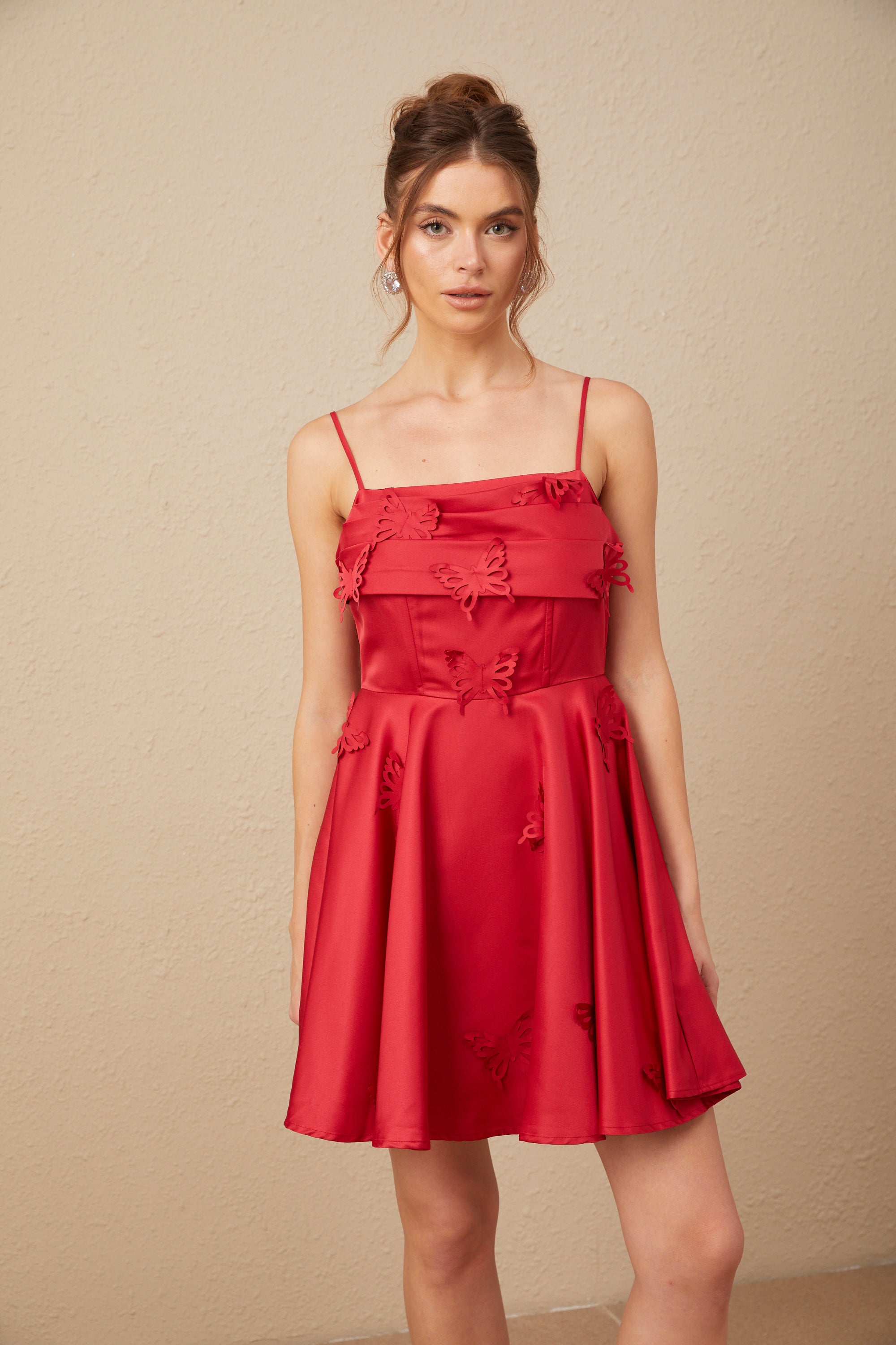 Fleur Kırmızı Kelebek Desenli Fırfırlı Mini Elbise