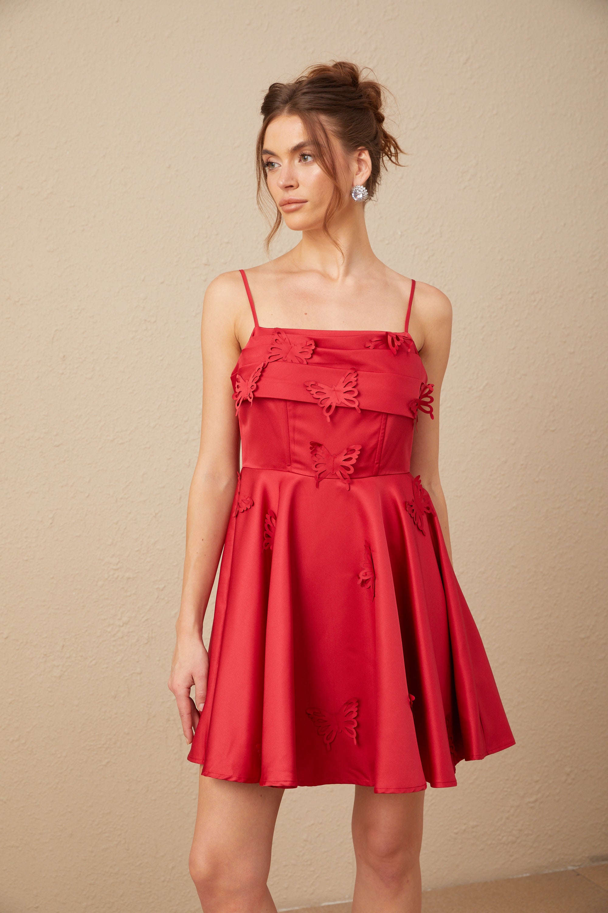 Fleur Kırmızı Kelebek Desenli Fırfırlı Mini Elbise