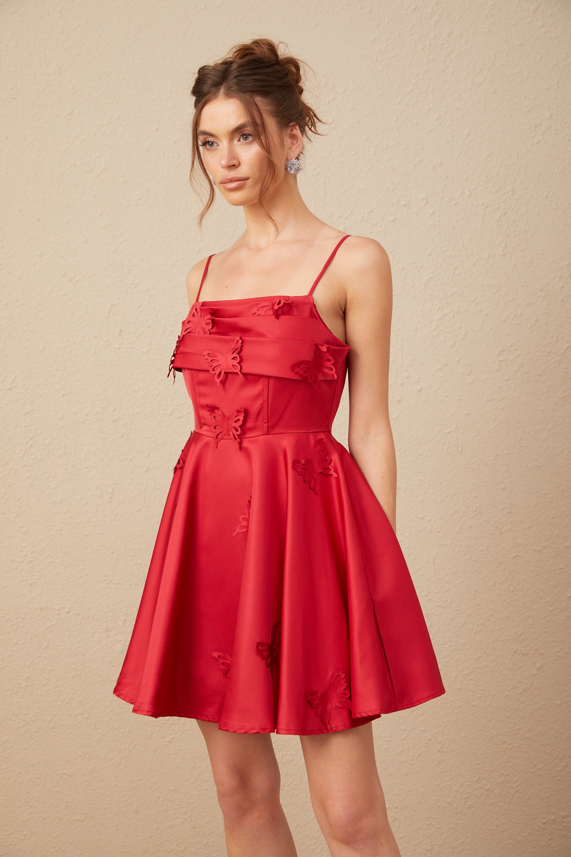 Fleur Kırmızı Kelebek Desenli Fırfırlı Mini Elbise