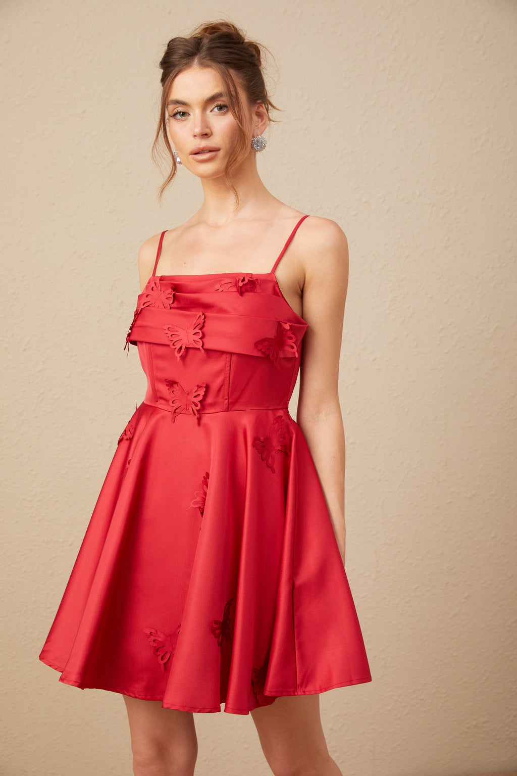 Fleur Kırmızı Kelebek Desenli Fırfırlı Mini Elbise