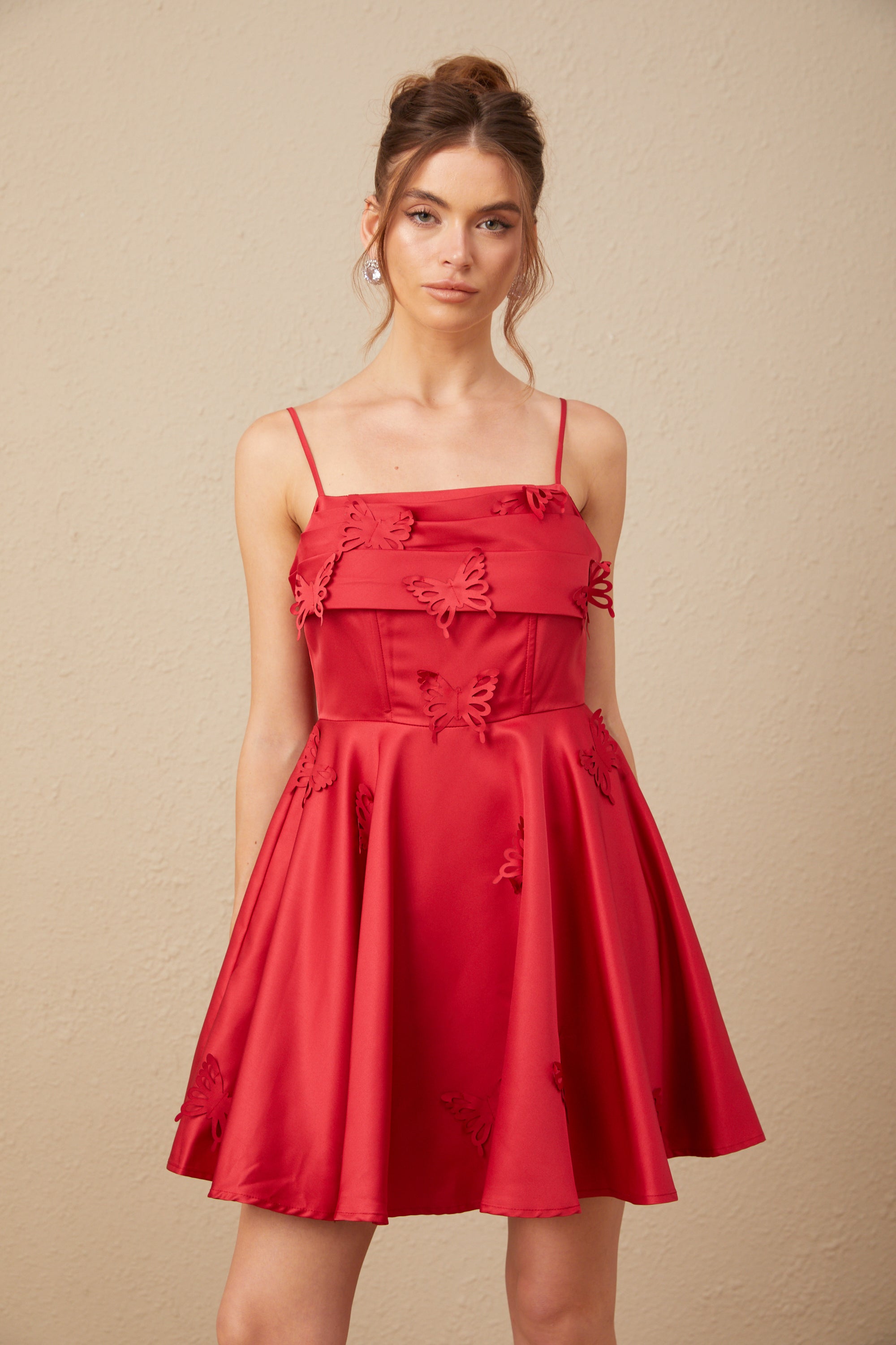 Fleur Kırmızı Kelebek Desenli Fırfırlı Mini Elbise