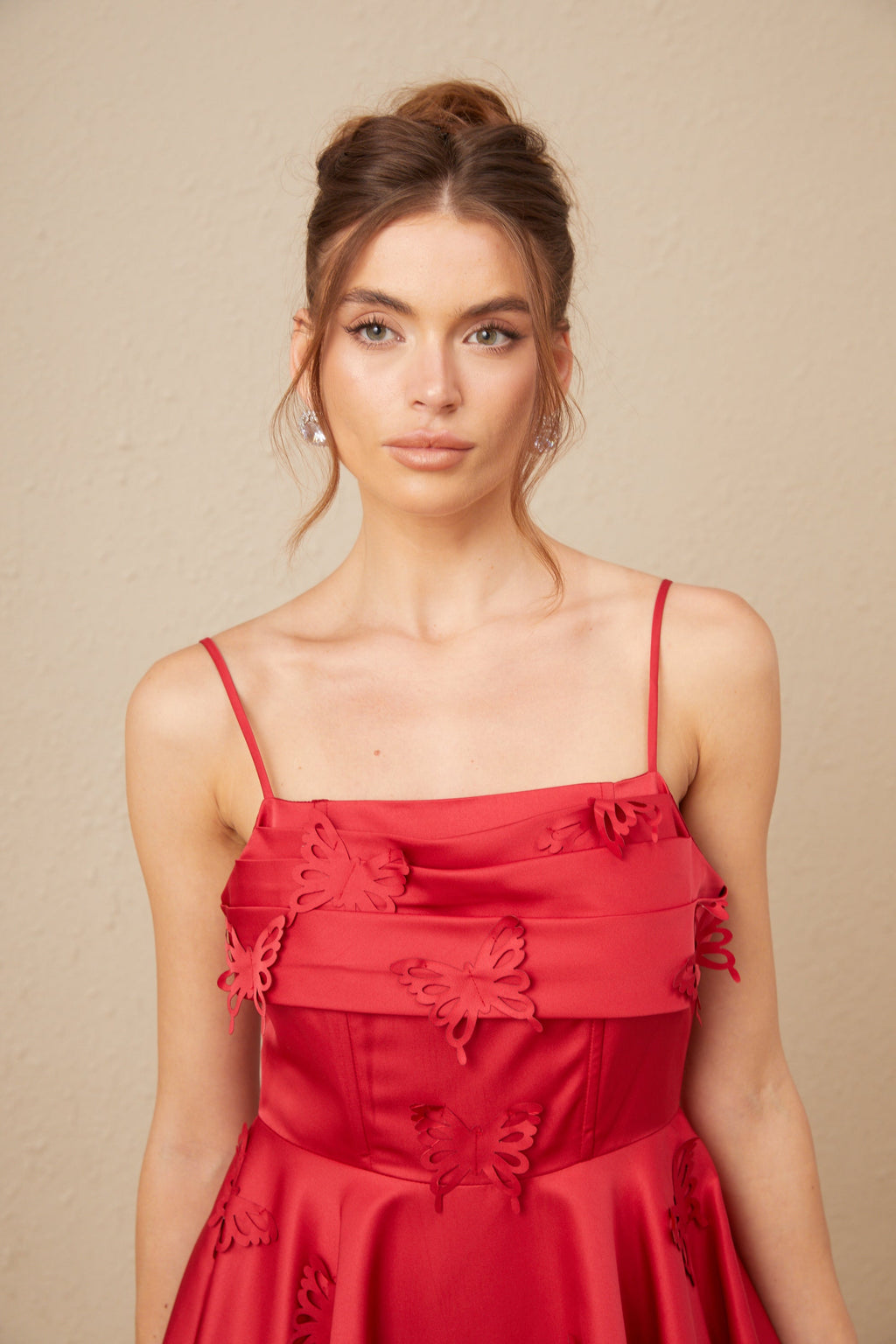 Fleur Kırmızı Kelebek Desenli Fırfırlı Mini Elbise