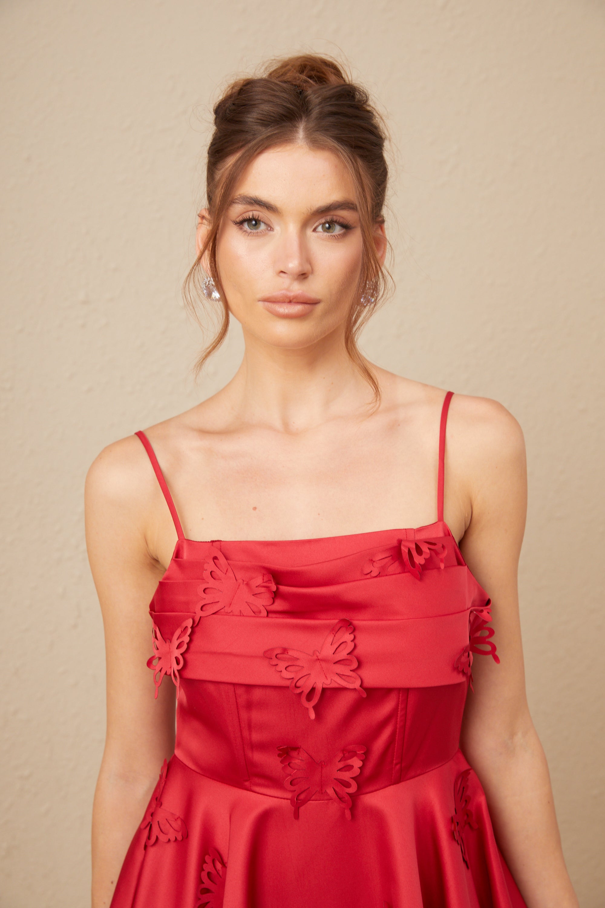 Fleur Kırmızı Kelebek Desenli Fırfırlı Mini Elbise