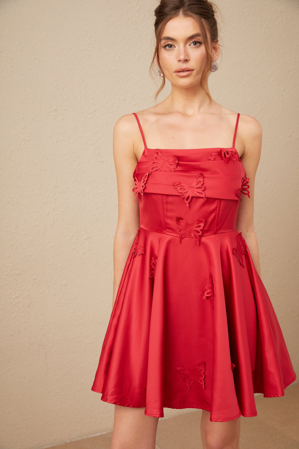 Fleur Kırmızı Kelebek Desenli Fırfırlı Mini Elbise