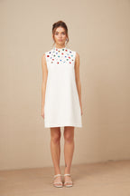 Élise Beyaz Kristal Büyük Fiyonk Detaylı Kolsuz Mini Elbise