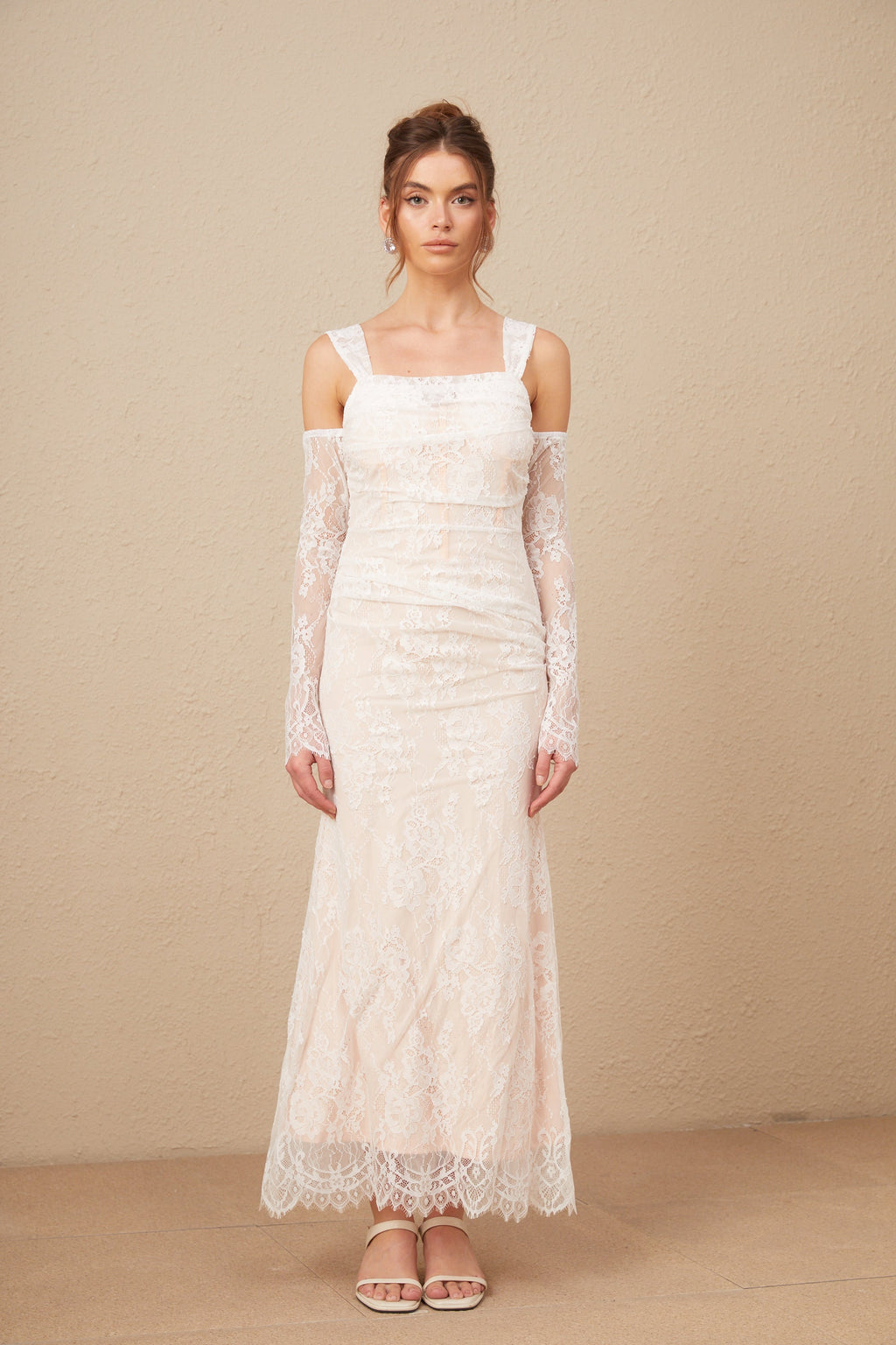 Michelle raglan kollu çiçek desenli dantel maxi elbise