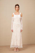 Michelle raglan kollu çiçek desenli dantel maxi elbise