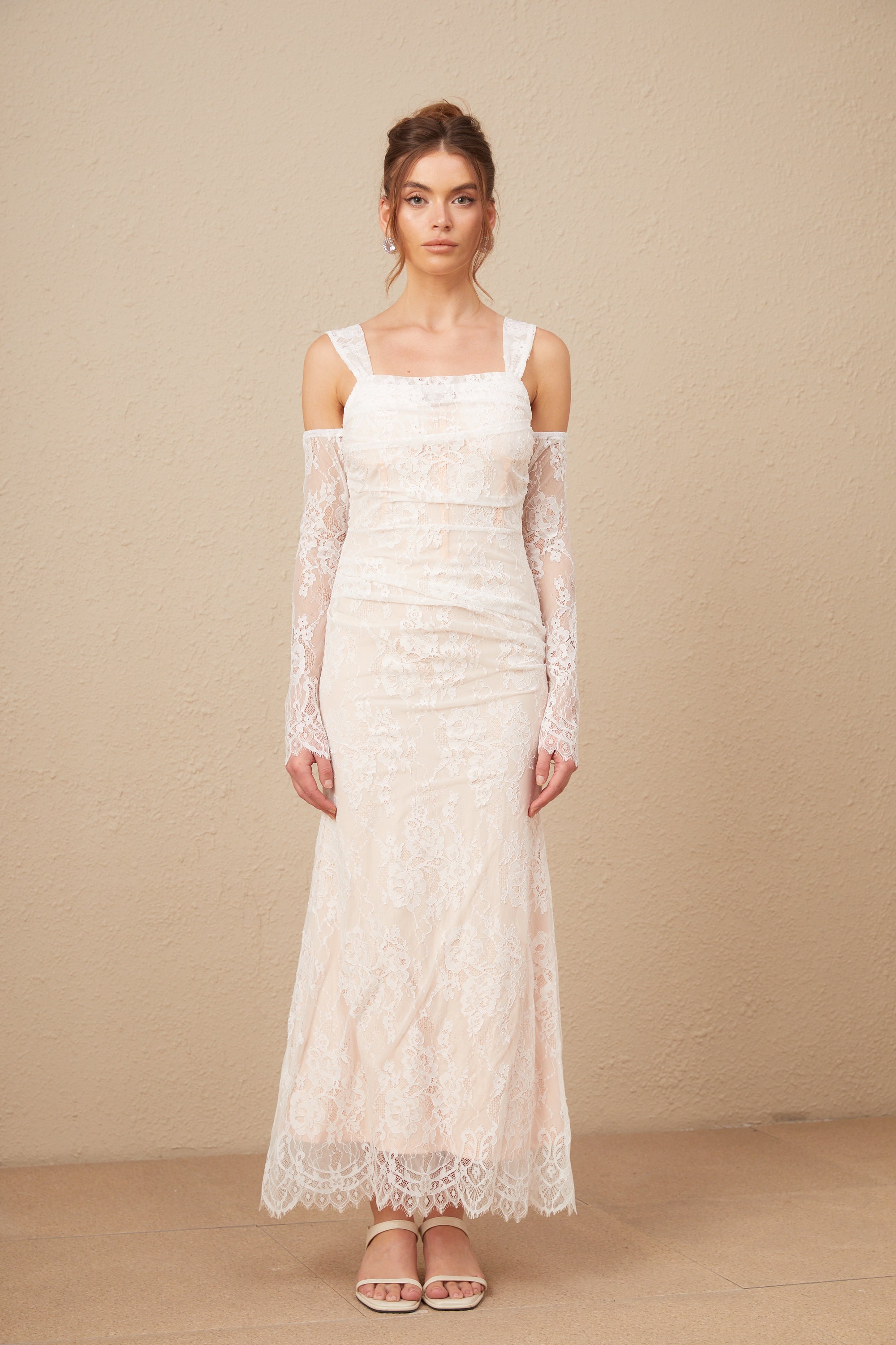 Michelle raglan kollu çiçek desenli dantel maxi elbise