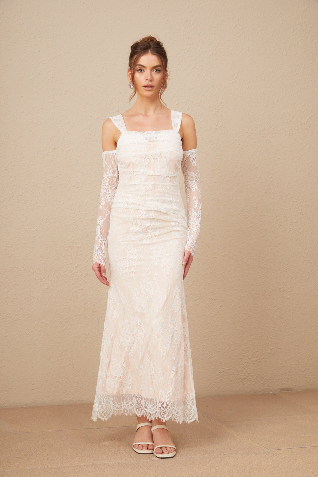 Michelle raglan kollu çiçek desenli dantel maxi elbise