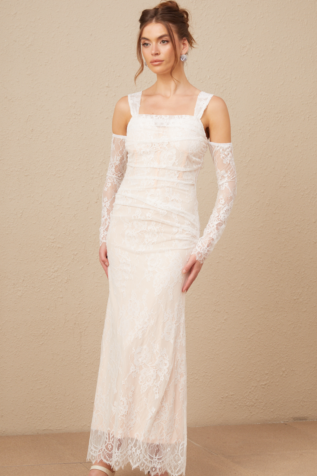 Michelle raglan kollu çiçek desenli dantel maxi elbise