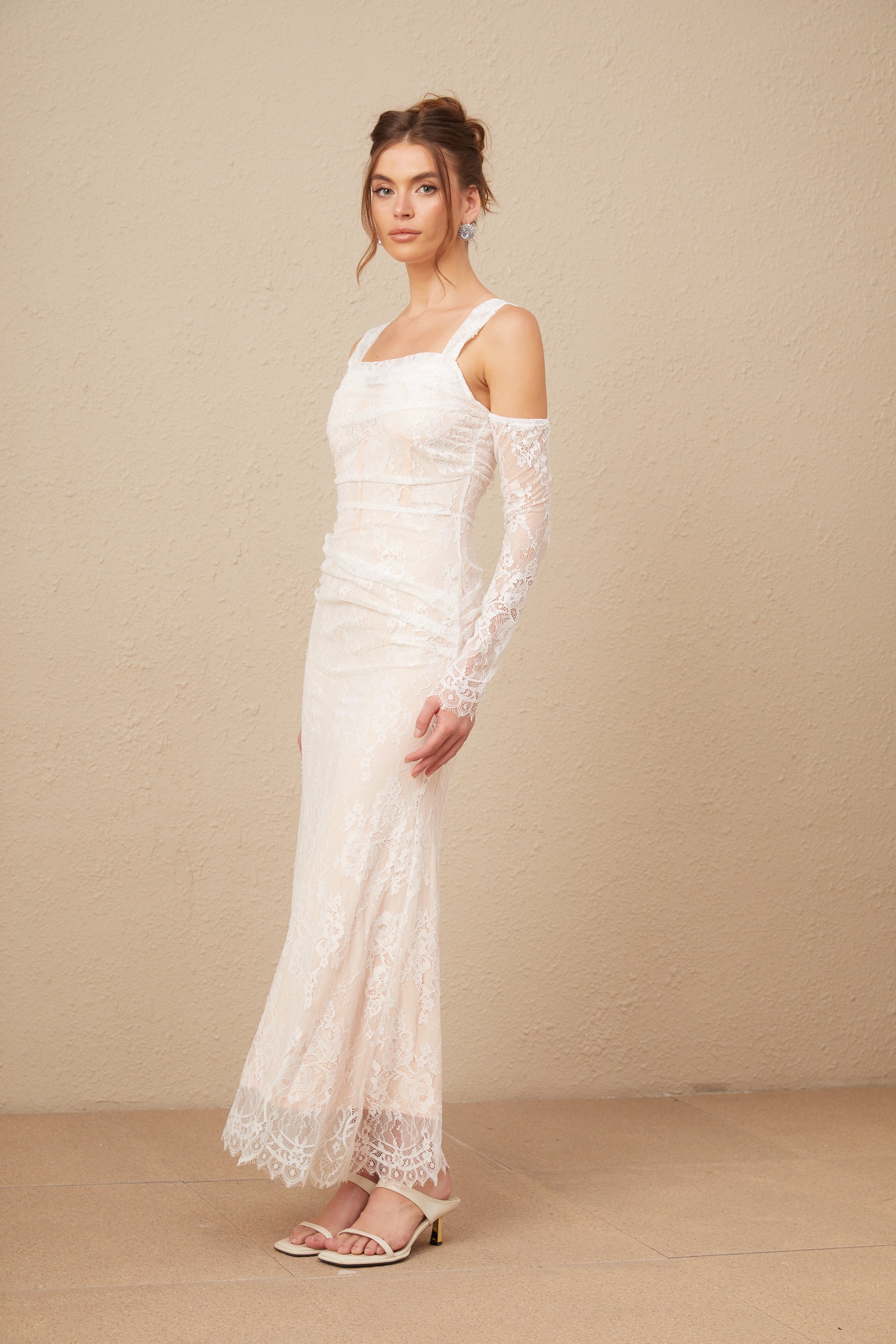 Michelle raglan kollu çiçek desenli dantel maxi elbise