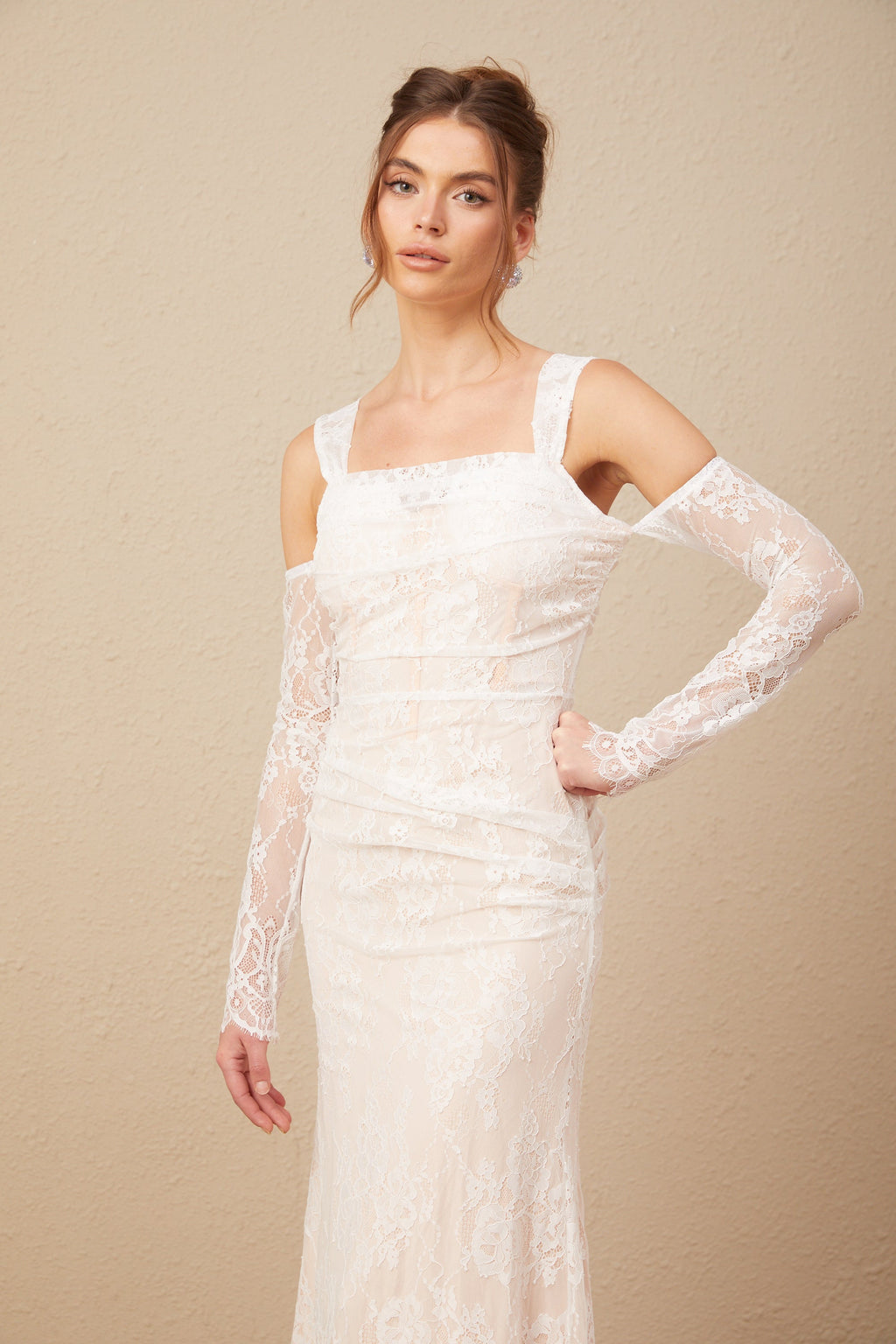 Michelle raglan kollu çiçek desenli dantel maxi elbise