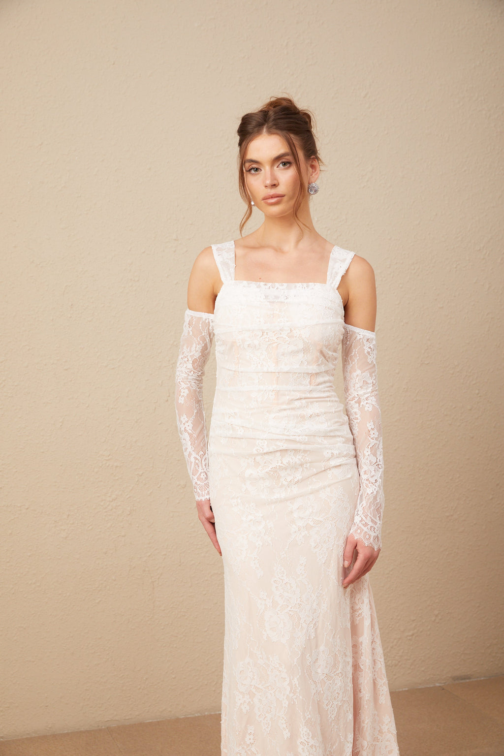 Michelle raglan kollu çiçek desenli dantel maxi elbise