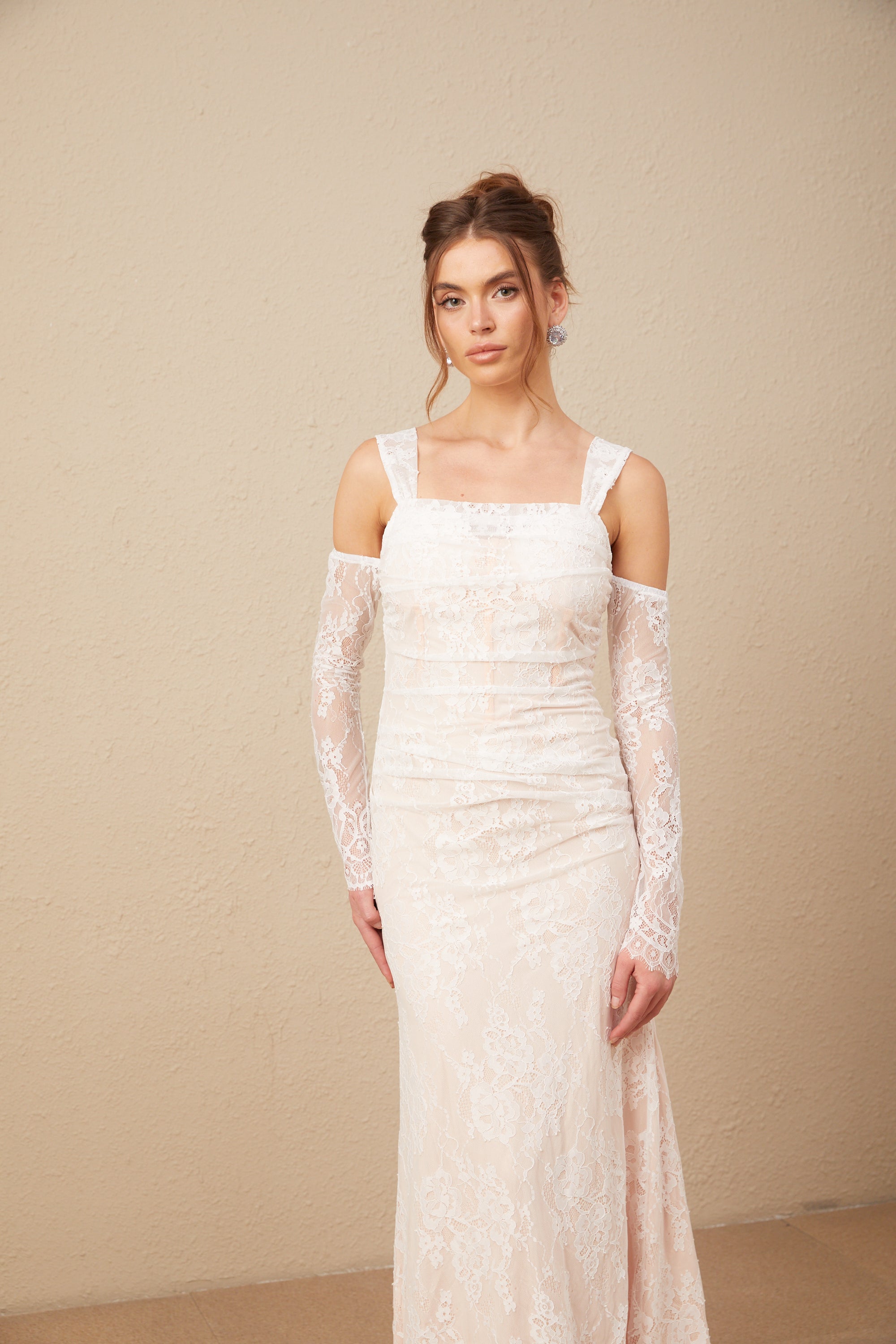 Michelle raglan kollu çiçek desenli dantel maxi elbise