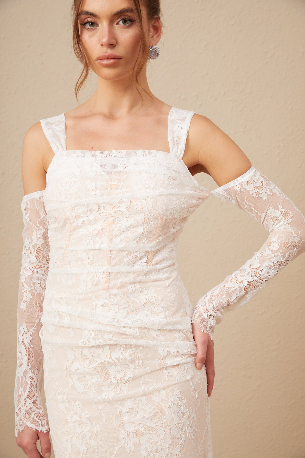 Michelle raglan kollu çiçek desenli dantel maxi elbise