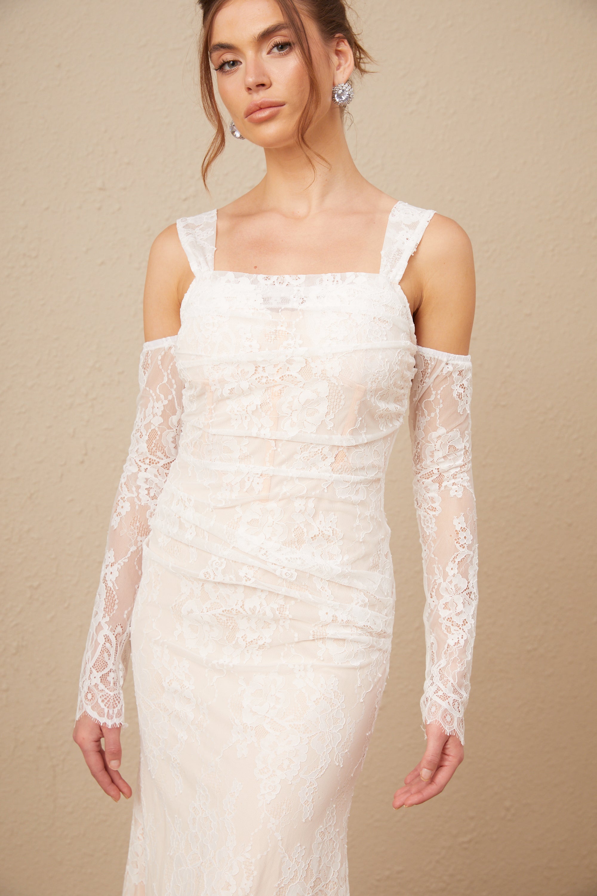 Michelle raglan kollu çiçek desenli dantel maxi elbise