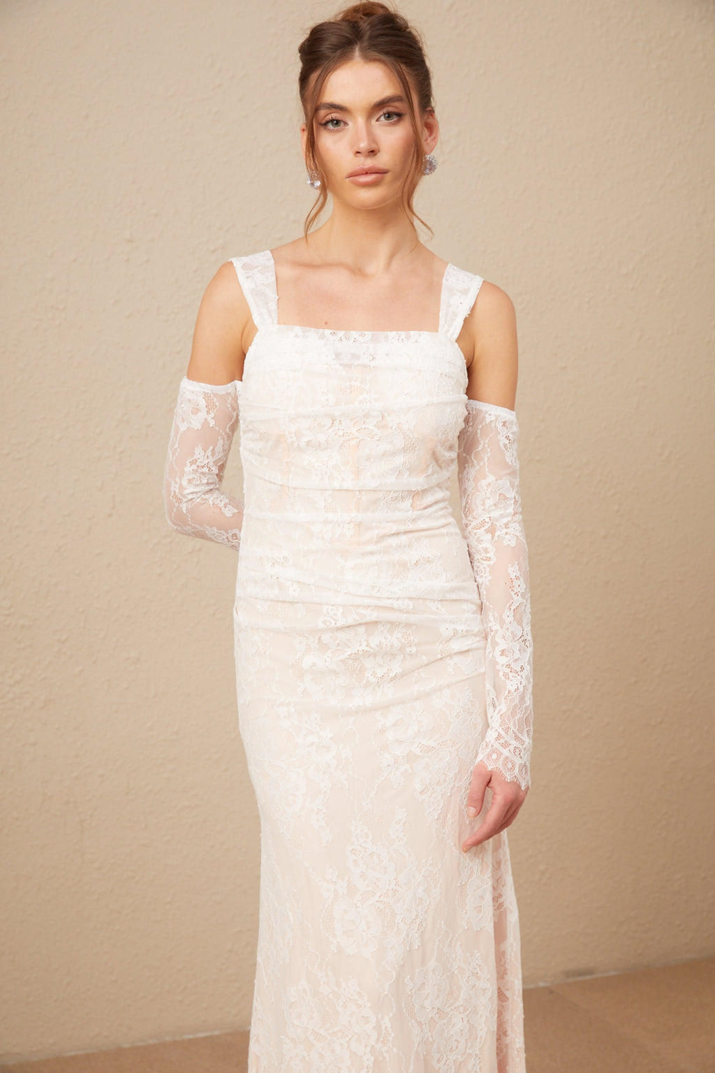 Michelle raglan kollu çiçek desenli dantel maxi elbise