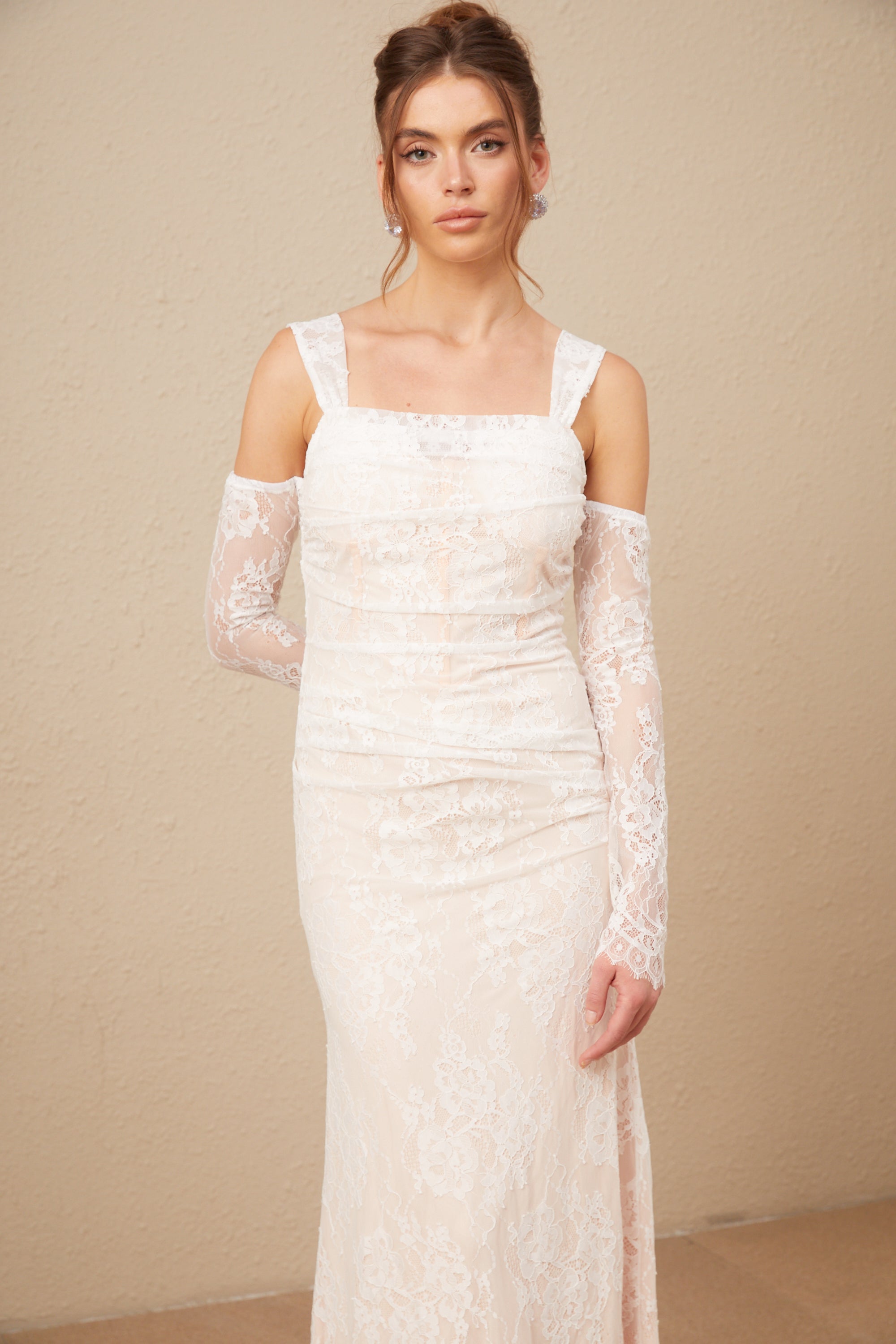 Michelle raglan kollu çiçek desenli dantel maxi elbise