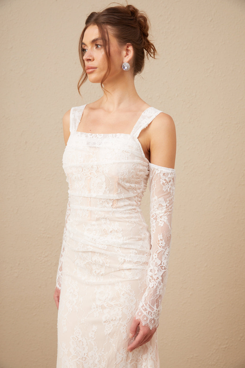 Michelle raglan kollu çiçek desenli dantel maxi elbise