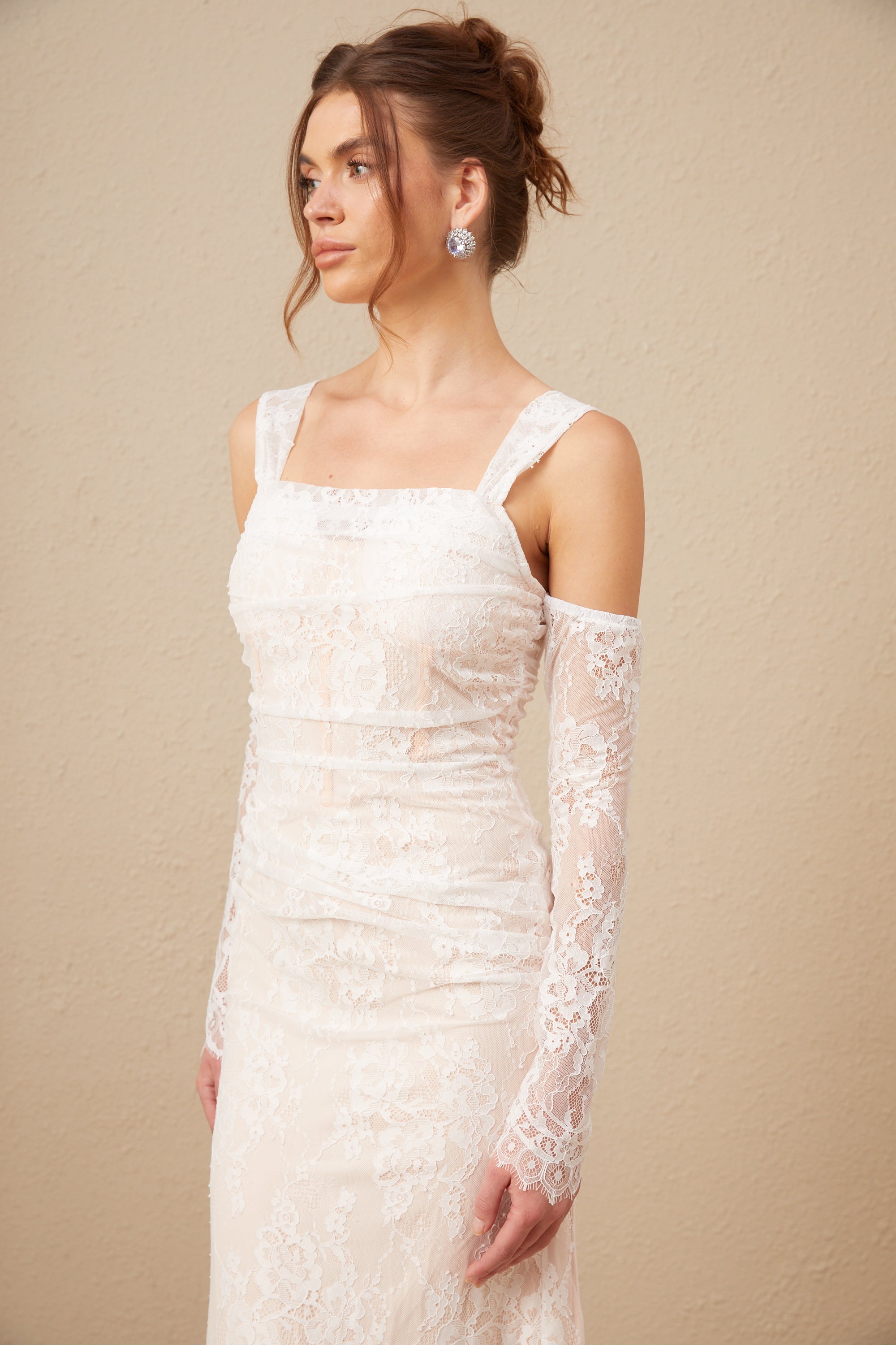 Michelle raglan kollu çiçek desenli dantel maxi elbise