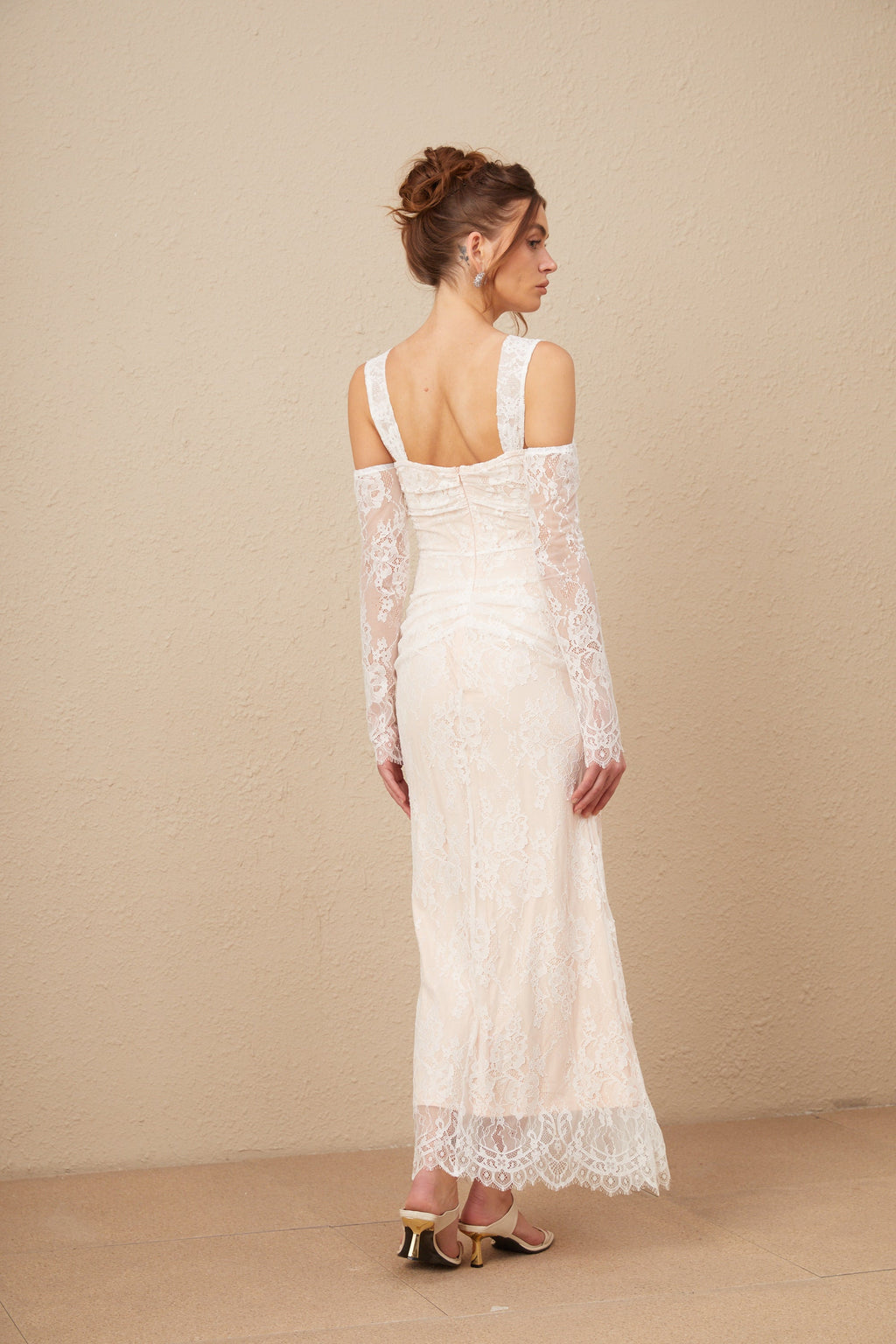 Michelle raglan kollu çiçek desenli dantel maxi elbise