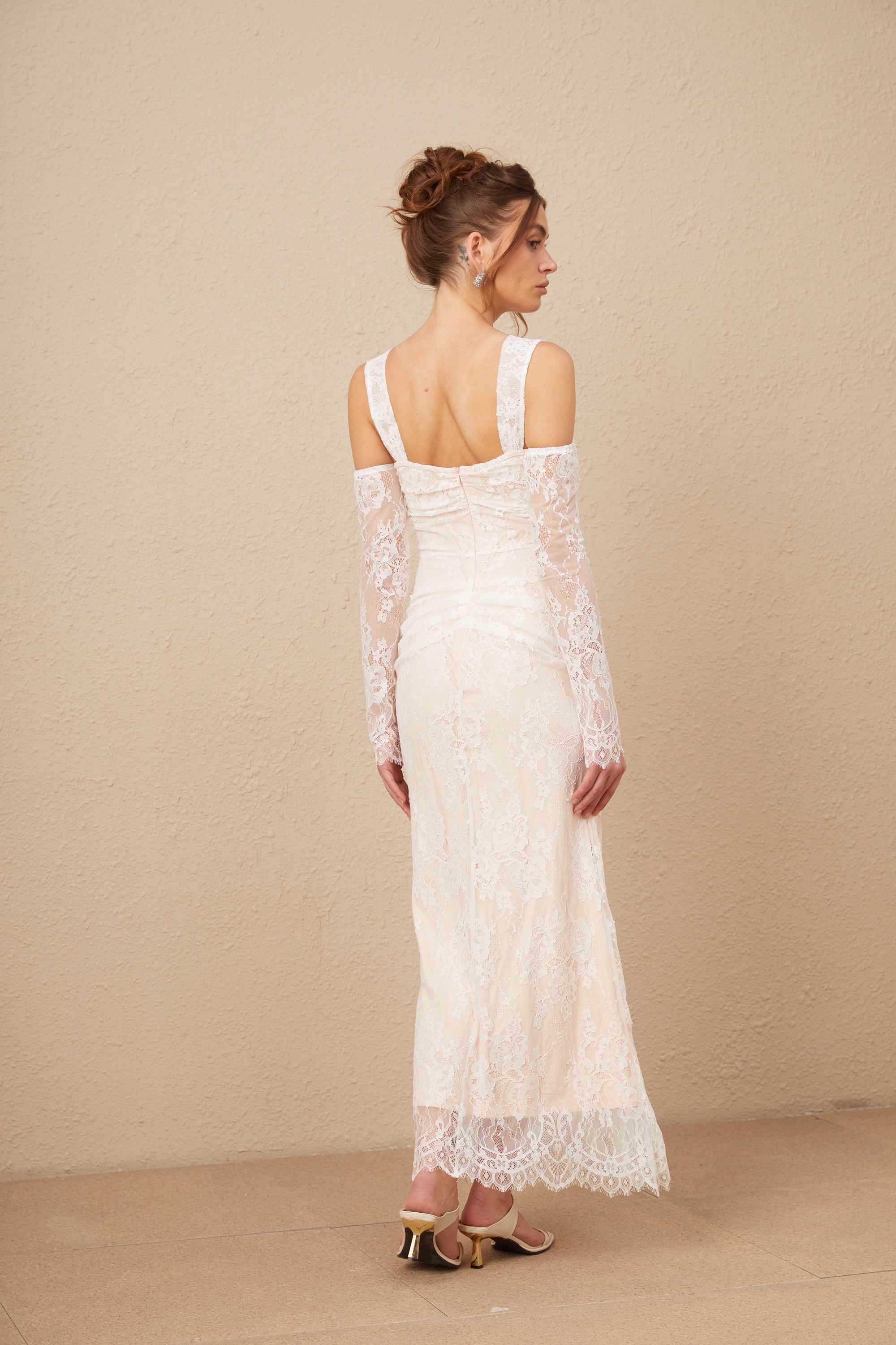 Michelle raglan kollu çiçek desenli dantel maxi elbise