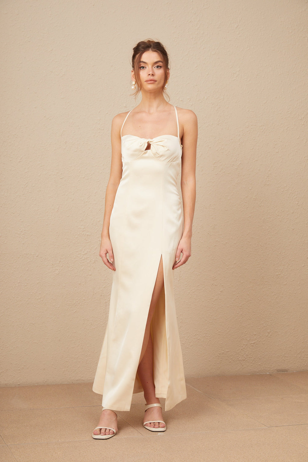 Estelle Büstiyer Detaylı Bükümlü Saten Maxi Elbise