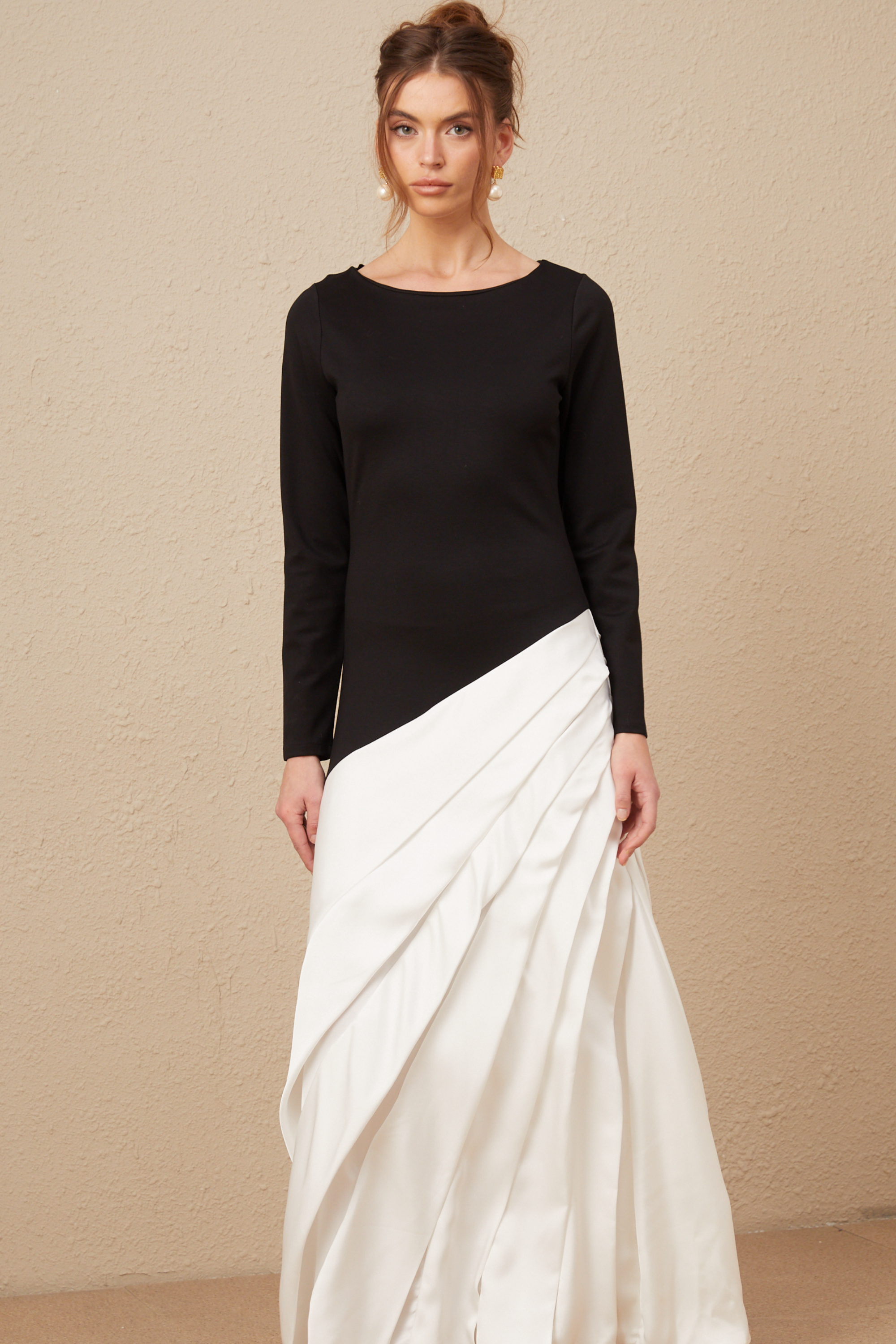 Sofia renk bloklu plise maxi elbise