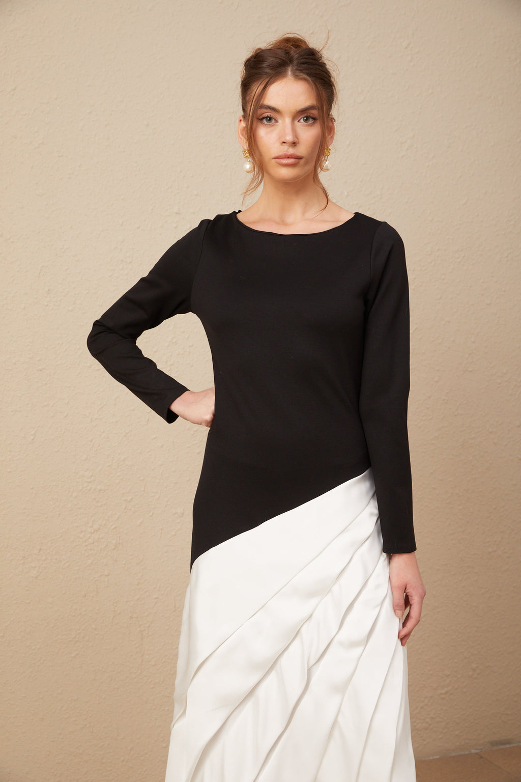 Sofia renk bloklu plise maxi elbise